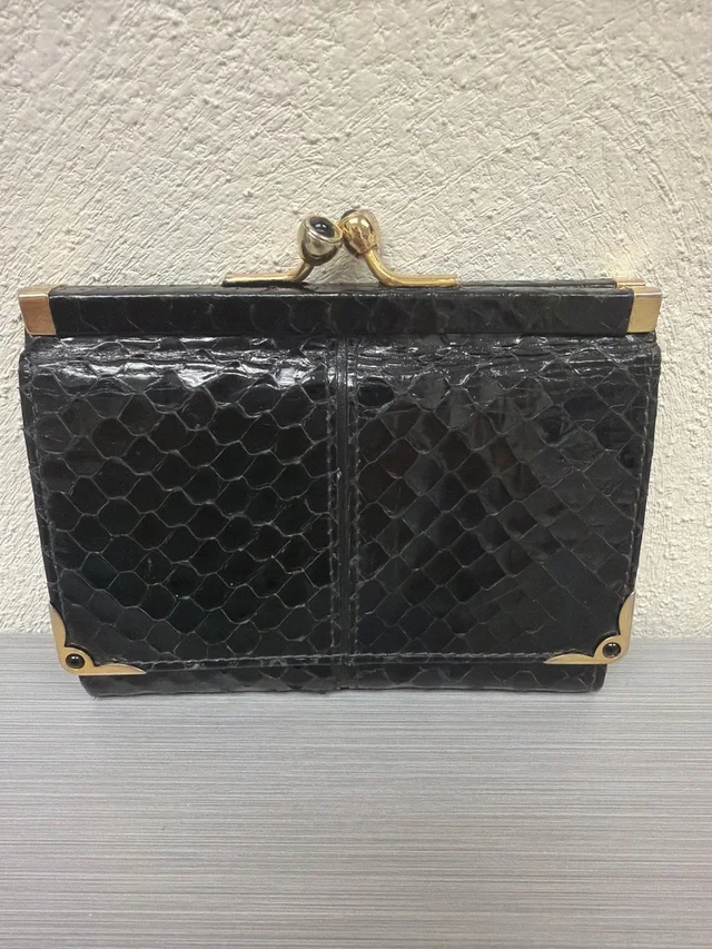 Judith Leiber Vintage Black Snakeskin Compact Wallet With Kisslock Coin Pouch in black|gold Leather from Poshmark