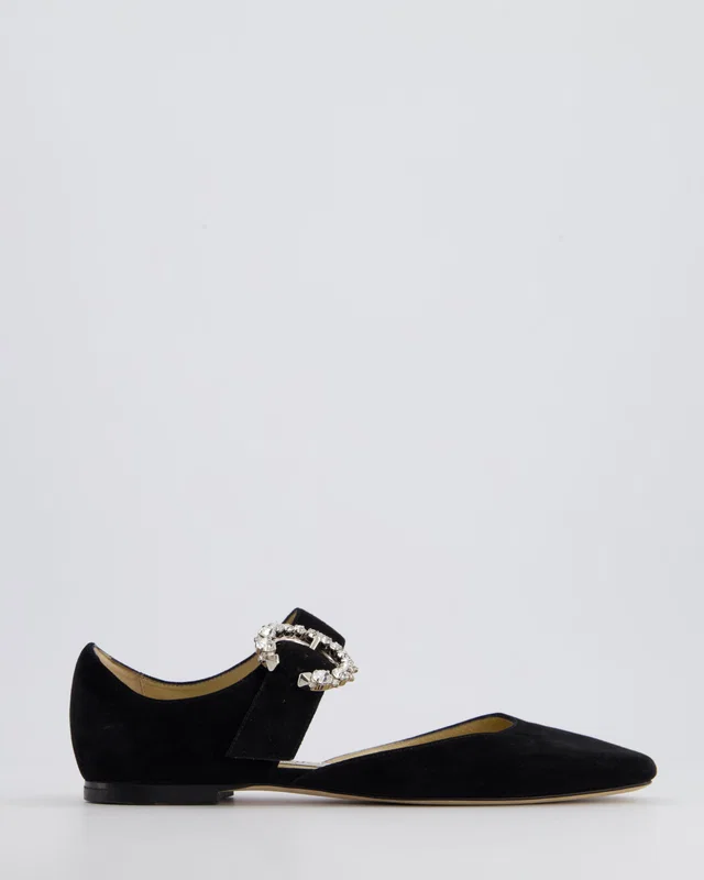 Jimmy Choo Black Suede Ballerina Flats with Crystal Buckle Detail Size EU 34.5 in Black Suede from Sellier