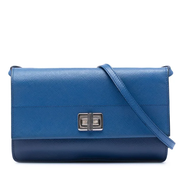 Blue Prada Saffiano Turn Lock Wallet on Strap Crossbody Bag in Blue Saffiano leather from Designer Revival