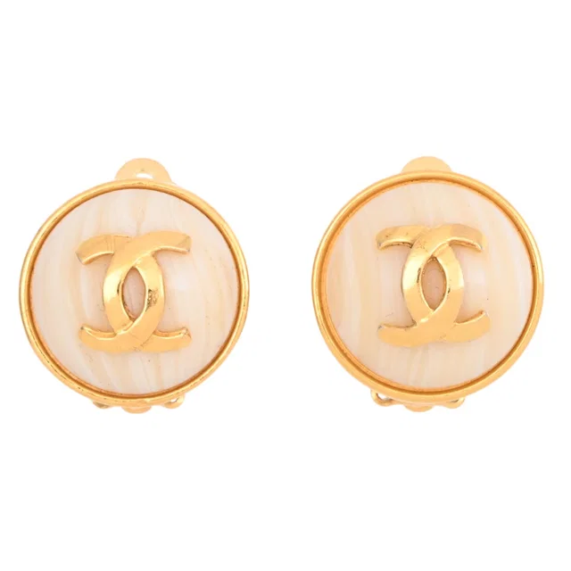 Chanel Round CC Mark Earrings Gold/Beige in Beige from VINTAGE QOO TOKYO
