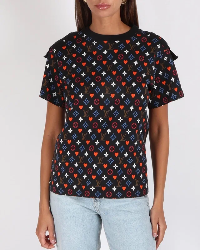 Louis Vuitton Black Game-On T-Shirt with Multi-Colour Monogram Pattern and Red Heart Motif with Silver Stud… in Black from Sellier
