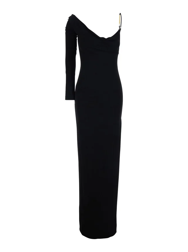 ELISABETTA FRANCHI Black Long Dress with One Long Sleeve and One Thin Strap in Stretch Viscose for Women in Black 96% Viscose 4% Elastane, photo 2 of 6 from Gaudenzi Boutique