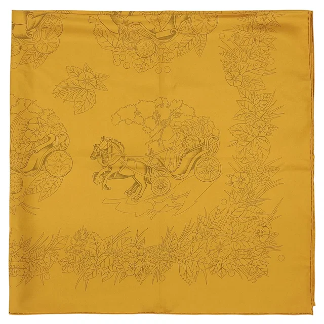 Hermès Carré 90 Sophie Silk Scarf Mustard in Yellow Silk from VINTAGE QOO TOKYO