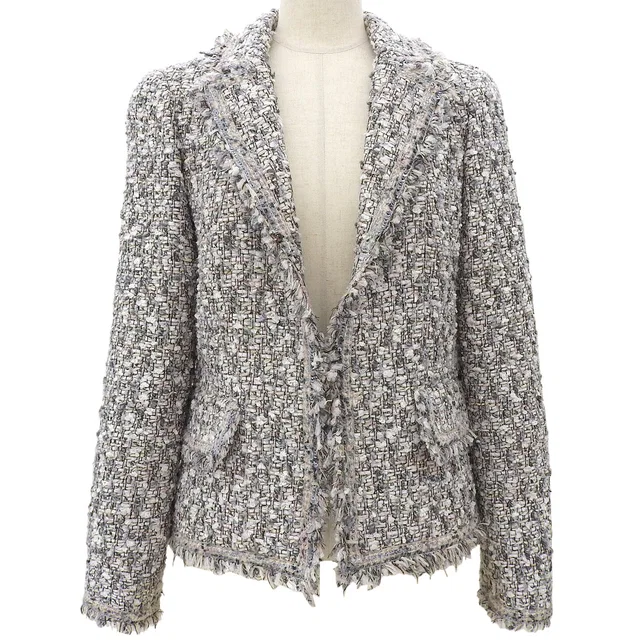 Chanel 2004 Tweed Ribbon CC Mark Button Jacket #38 Grey/Multi in Grey Tweed from VINTAGE QOO TOKYO