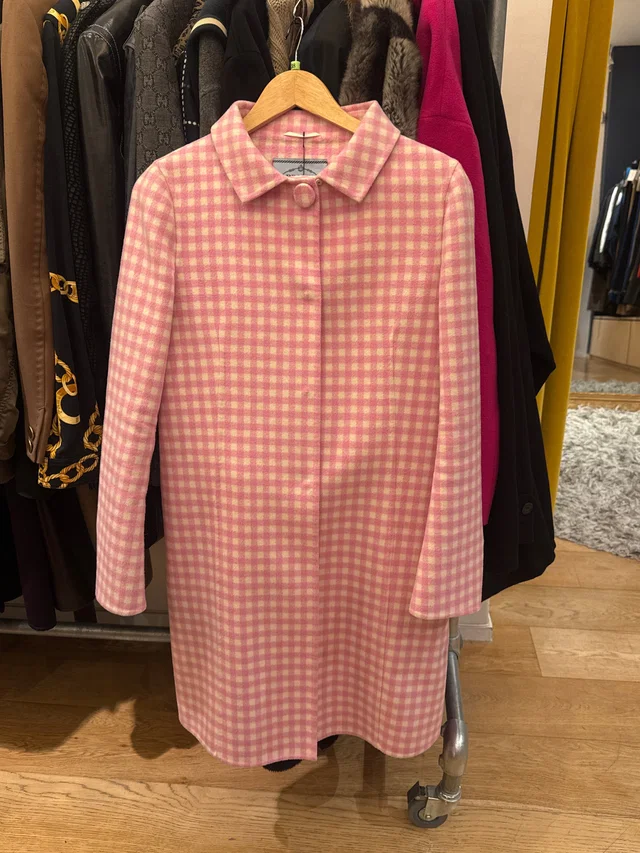 Prada Wool Pink Vichy Coat in Pink Wool from Luxury Promise