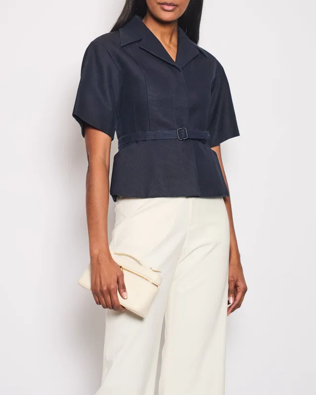 Dior Navy Short-Sleeve Blazer Top With Belt Detail Size FR 34 (UK 6) in Navy Silk from Sellier
