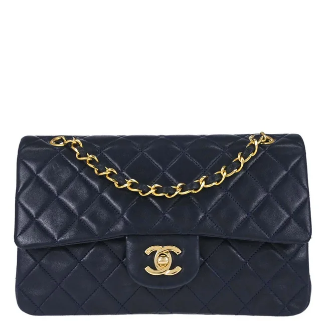 Chanel 1989-1991 Navy Lambskin Small Classic Double Flap Shoulder Bag in Navy Lambskin from AMORE Vintage Tokyo
