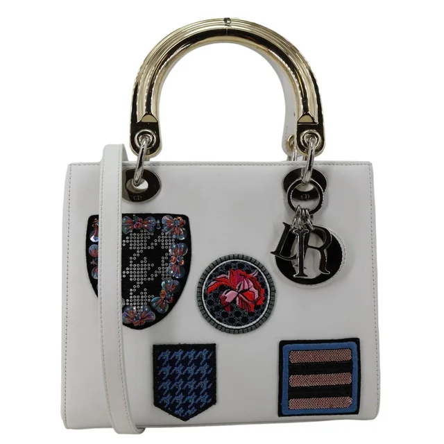 Lady Dior Medium Patch Embellished Calfskin Leather Shoulder Bag White in White Calfskin from Dallas Designer Handbags
