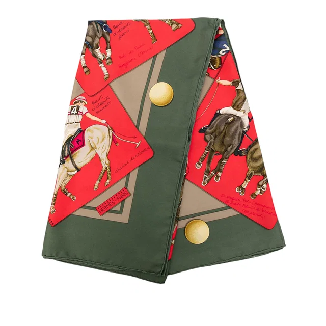 Green Hermès Le Monde du Polo Silk Scarf 90 Scarves in Green Silk from Designer Revival