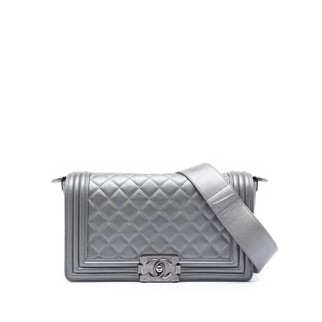 Gray Chanel Old Medium Quilted Lambskin Boy Flap Crossbody Bag in Grey Lambskin from Designer Revival