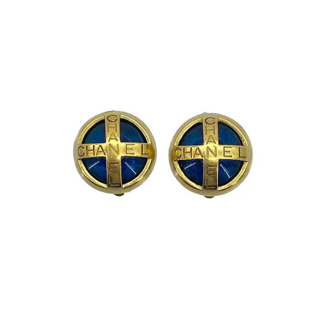 Chanel Vintage Earrings Color Stone Logo Blue Gold Accessory 94A in Blue from Luxury Promise