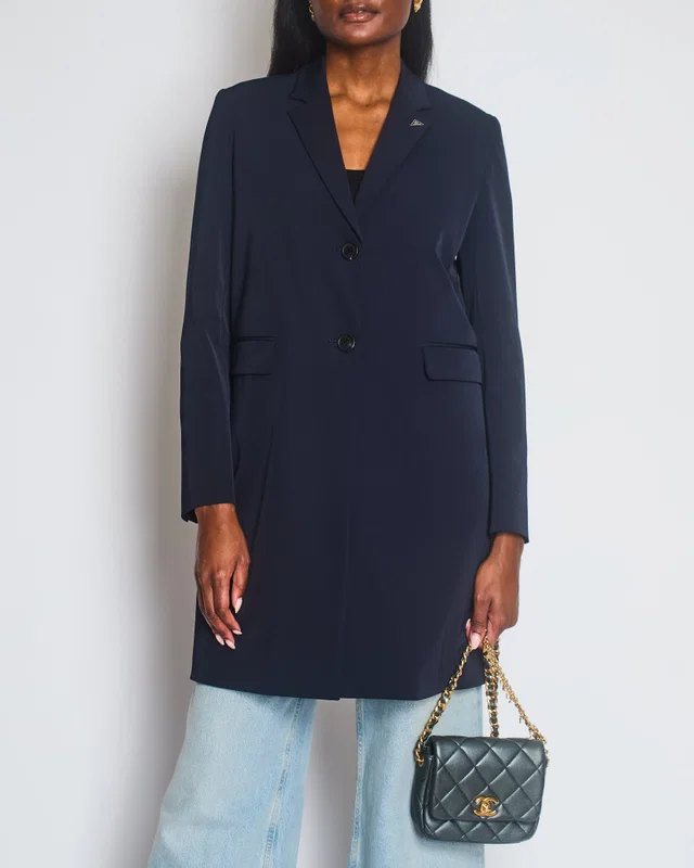 Prada Navy Techno Stretch Single Breasted Overcoat with Triangle Logo at Collar Size IT 40 (UK 8) in Navy from Sellier