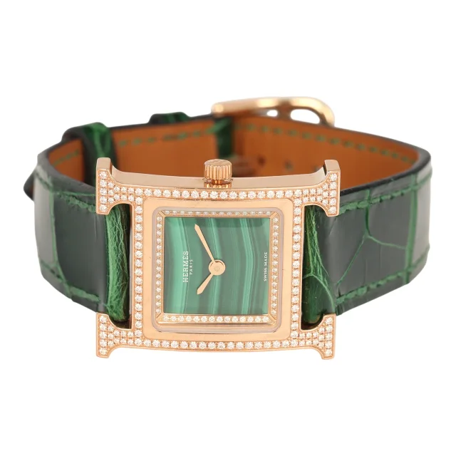 Hermès Heure H Watch S Vert Shiny Alligator, Malachite, Diamonds, Rose Gold in Green Crocodile from Madison Avenue Couture, photo 7 of 10