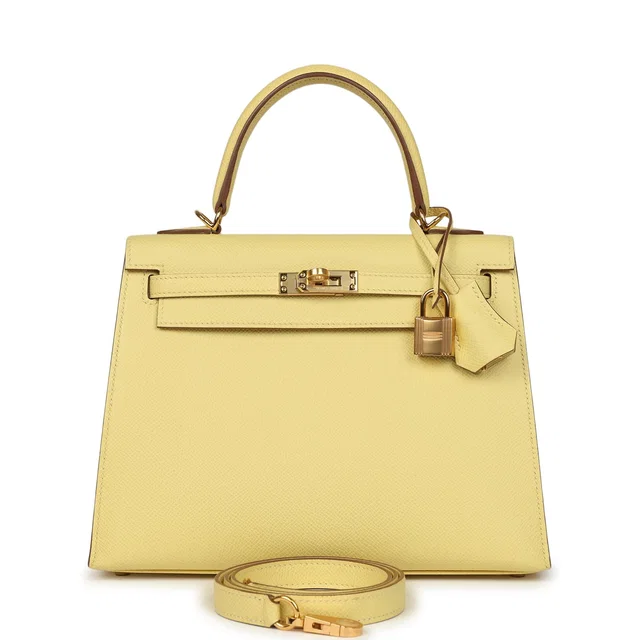 Hermès Kelly Sellier 25 Jaune Poussin Epsom Gold Hardware in Yellow Epsom leather from Madison Avenue Couture
