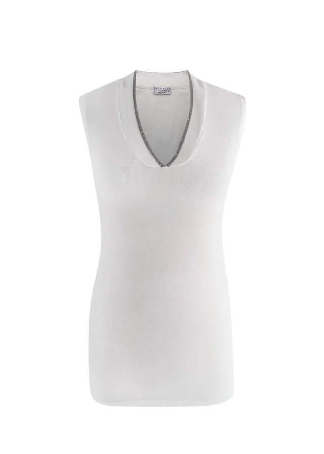 Brunello Cucinelli Soft White V Neck Tank Top in White from HEWI