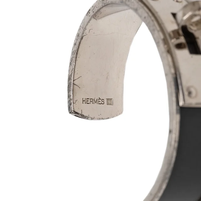 Black Hermès Leather and Palladium Plated Kelly Cuff Bracelet in Black Leather from Designer Revival, photo 2 of 2