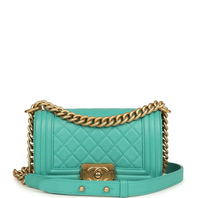 Chanel Small Boy Bag Turquoise Lambskin Antique Gold Hardware in Blue Lambskin from Madison Avenue Couture