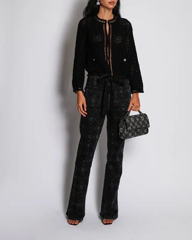 Chanel 20/P Black Crochet Round Neck Cardigan with Tie Detail Size FR 36 (UK 8) in Black from Sellier
