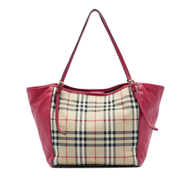 Red Burberry Small Haymarket Check Canvas and Leather Canterbury Tote in Red Canvas from Designer Revival