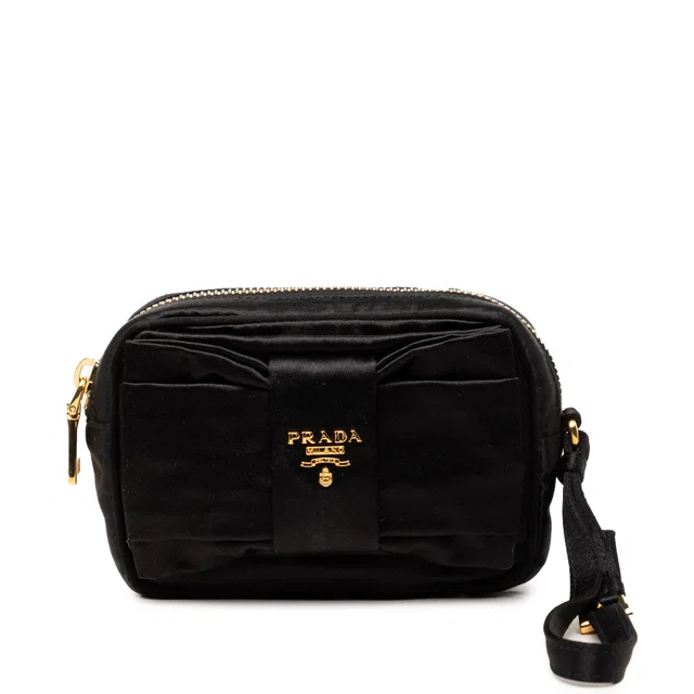 Black Prada Raso Fiocco Bow Pouch in Black Satin from Designer Revival