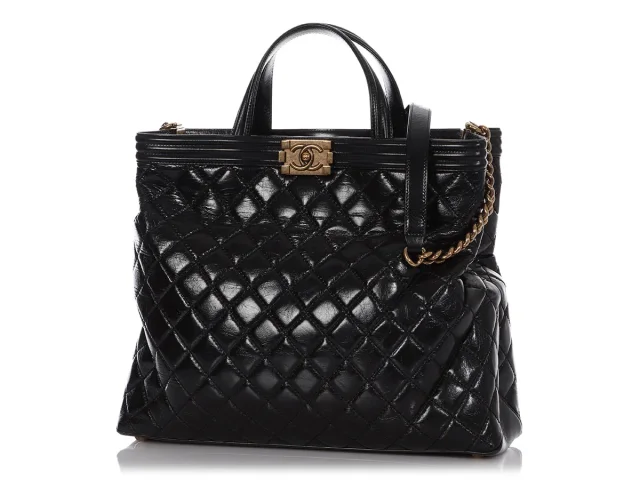 Chanel Large Black Quilted Glazed Calfskin Boy Shopping Tote in Black Calfskin from Ann's Fabulous Finds, photo 2 of 9