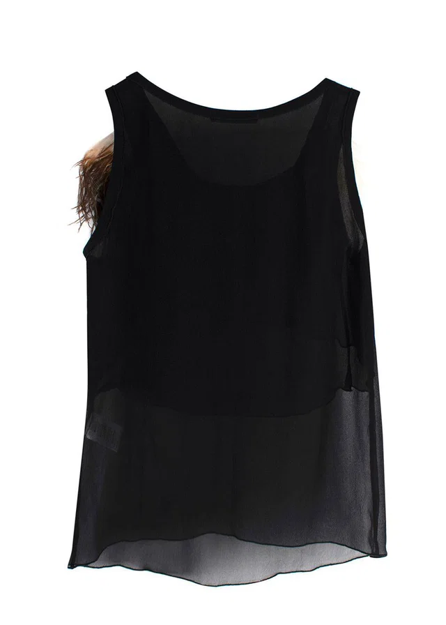 Celine Black Silk Tank Top with Ostrich Feather Trim Sheer Top in Black Ostrich from HEWI