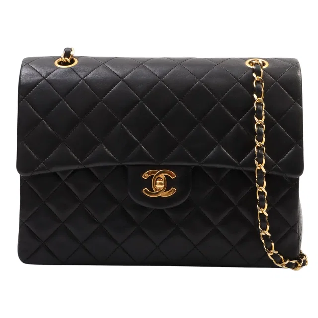 Chanel Circa 1990s Square Classic Flap Chain Bag, Black in Black Leather from VINTAGE QOO TOKYO
