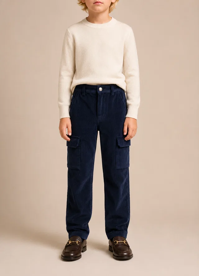 Moncler Kids Navy Velvet Corduroy Trousers with Logo Detail Size 10 years in Navy Velvet from Sellier