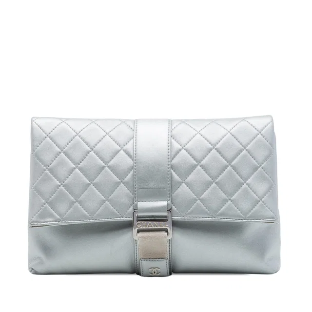 Silver Chanel Quilted Lambskin Grip Clutch in Silver Lambskin from Designer Revival