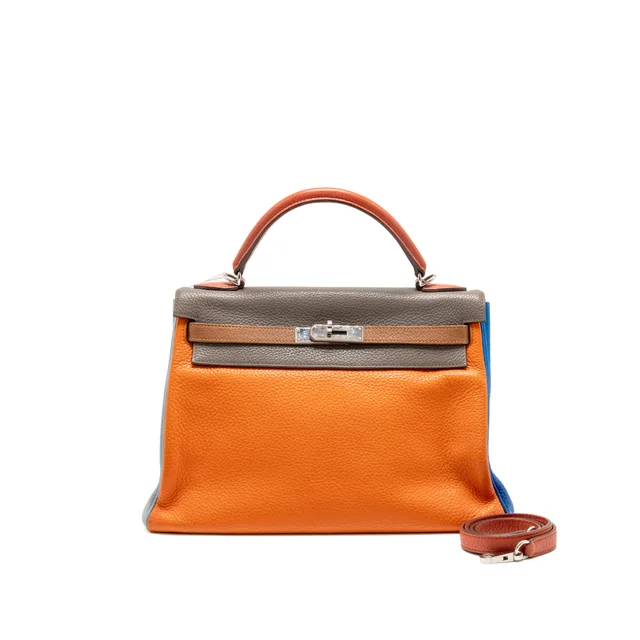 Hermès Kelly 32 Evercolor Orange / Multicolour SHW Stamp Square P in Orange Leather from EMIER