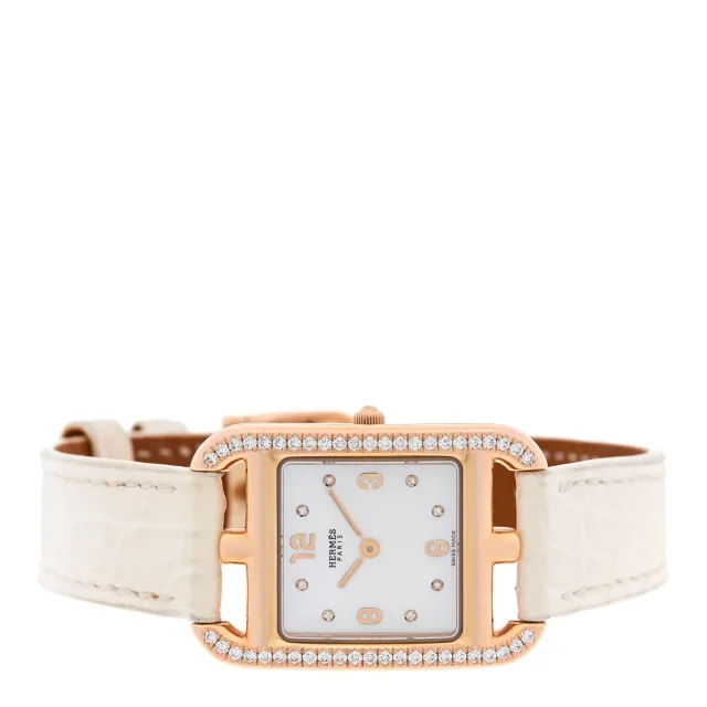Hermès 18K Yellow Gold Alligator Diamond Bezel Mother of Pearl 23mm Cape Cod Quartz Watch Craie in White Crocodile from FASHIONPHILE, photo 2 of 5