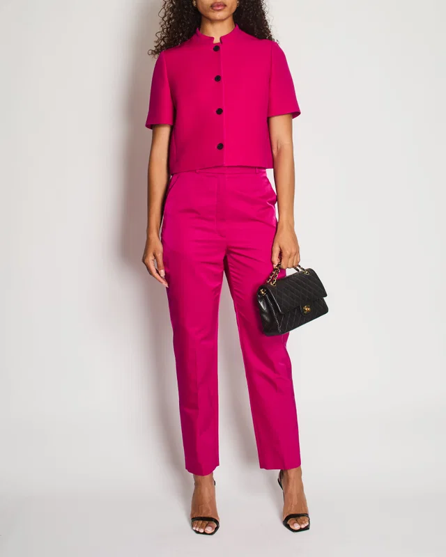 Dior Hot Pink Short-Sleeve Jacket and Trousers Set with Black Buttons Size FR 40/42 (UK 12/14) in Black Silk from Sellier