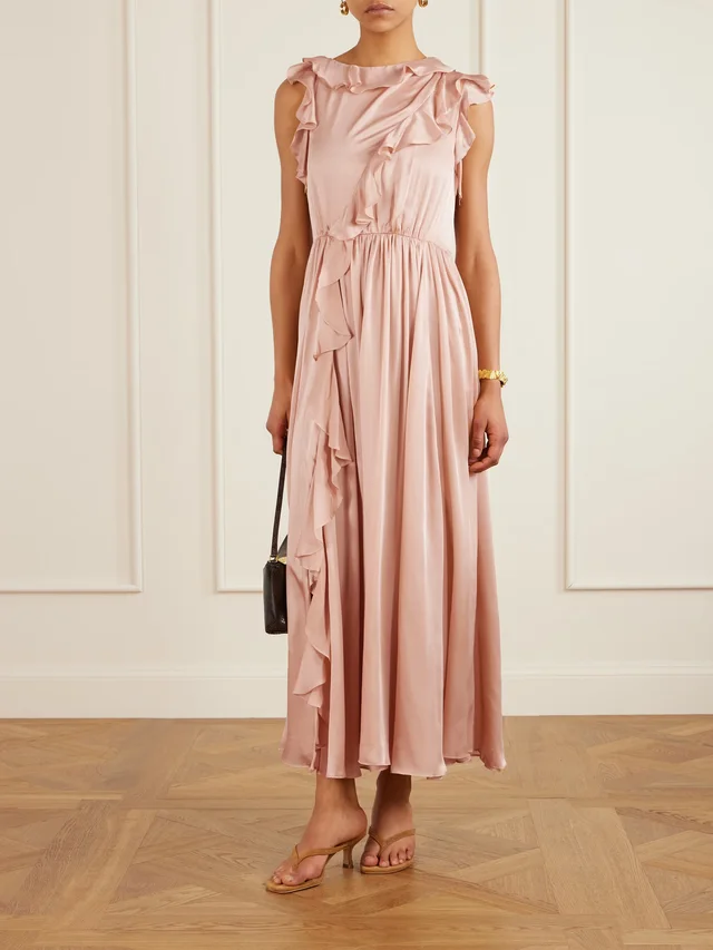 ULLA JOHNSON Saanvi draped ruffled silk-satin midi dress in Beige, photo 2 of 2 from NET-A-PORTER (Canada)