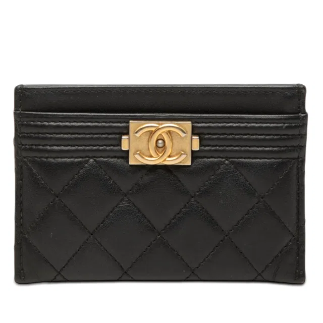Black Chanel Quilted Lambskin Boy Card Holder in Black Lambskin from Designer Revival