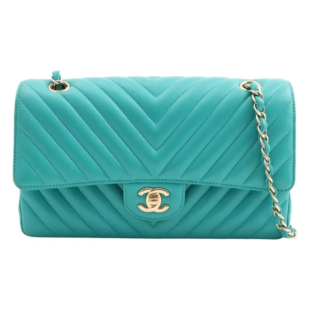 Chanel Chevron CC Turn-lock Chain Shoulder Bag, circa 2016, Turquoise in Blue Lambskin from VINTAGE QOO TOKYO