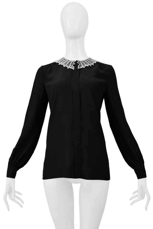 Saint Laurent By Hedi Slimane Black Silk Blouse W White Lace Web Collar 2015 in Black Silk from Resurrection Vintage
