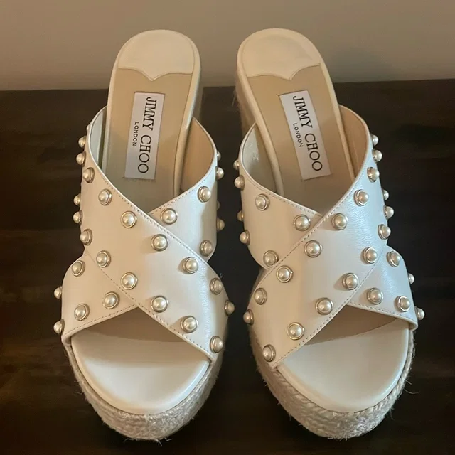 Jimmy Choo White Pearl-Studded Leather Platform Sandals in White Leather from Poshmark, photo 1 of 1