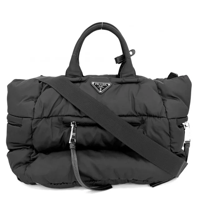 Prada 2-Way Bomber Triangle Logo Shoulder Bag Crossbody Tote Nylon Black Silver in Black Nylon from The Reluxe