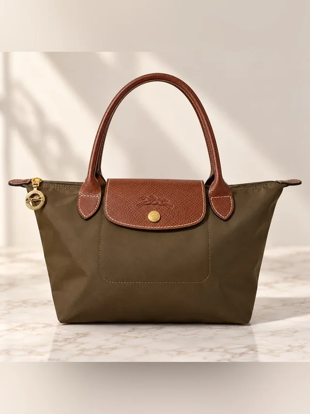 Longchamp Le Pliage Small Tote Bag In Olive Green With Brown Leather from Poshmark