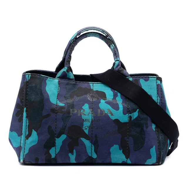 Blue Prada Canvas Canapa Logo Camouflage Satchel in Blue Canvas from Designer Revival