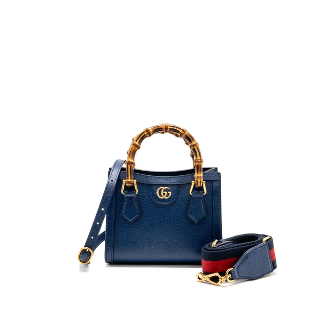 Gucci Small Diana Tote Bag Calfskin/Bamboo Handle Dark Blue/Yellow GHW in Blue Calfskin from EMIER