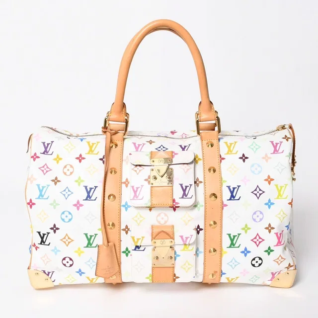 Louis Vuitton Keepall 45 Boston Bag Monogram Multicolor White Takashi Murakami in White Leather from The Reluxe