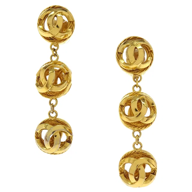 Chanel Dangle Ball Clip-On Earrings Gold in Gold from AMORE Vintage Tokyo