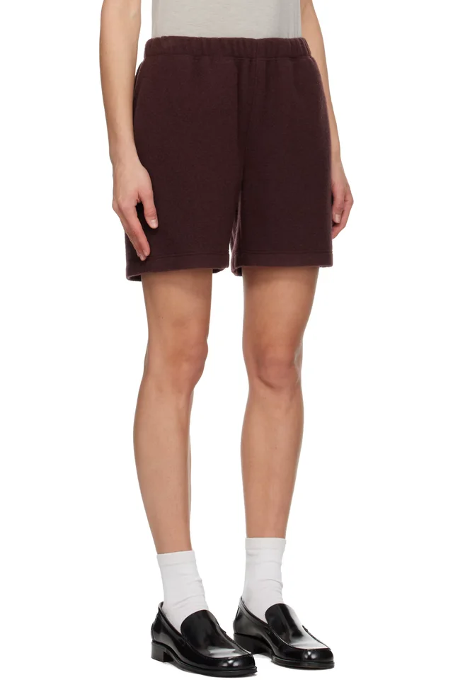 Rier SSENSE Exclusive Burgundy Fleece Shorts, photo 2 of 3 from SSENSE