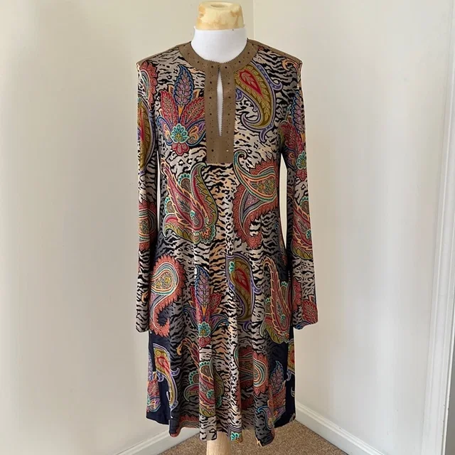 Etro Paisley Print Long Sleeve Size 44 Dress With Faux Leather Accents in brown|neutral Leather from Poshmark