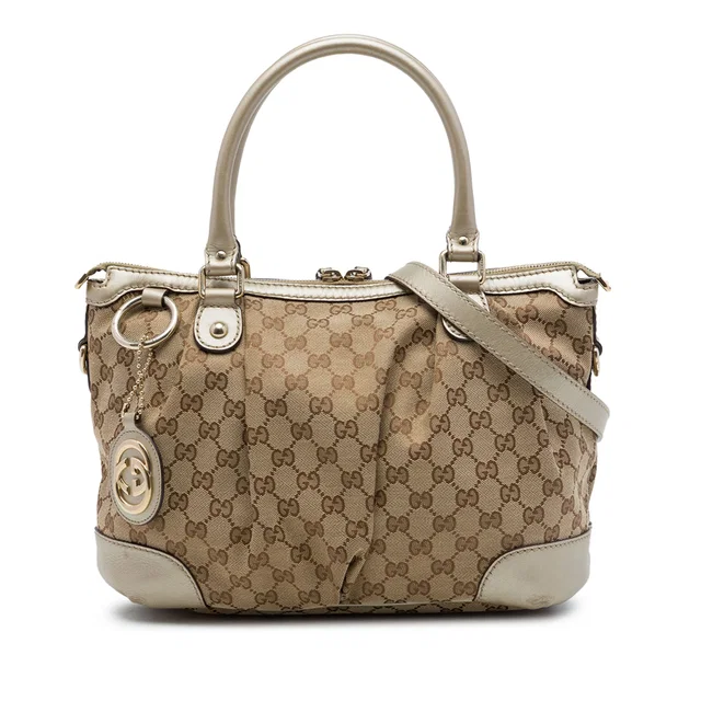 Beige Gucci GG Canvas Sukey Satchel in Beige Canvas from Designer Revival