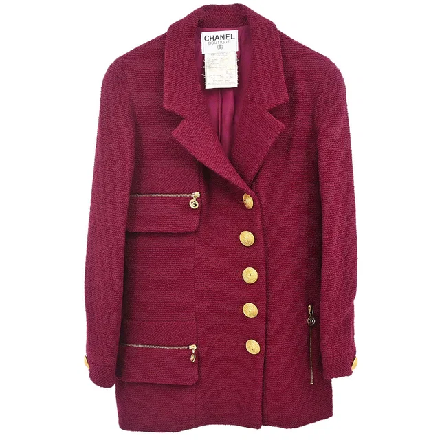 Chanel 1994 Single Breasted Jacket Bordeaux #36 in Burgundy Wool from AMORE Vintage Tokyo