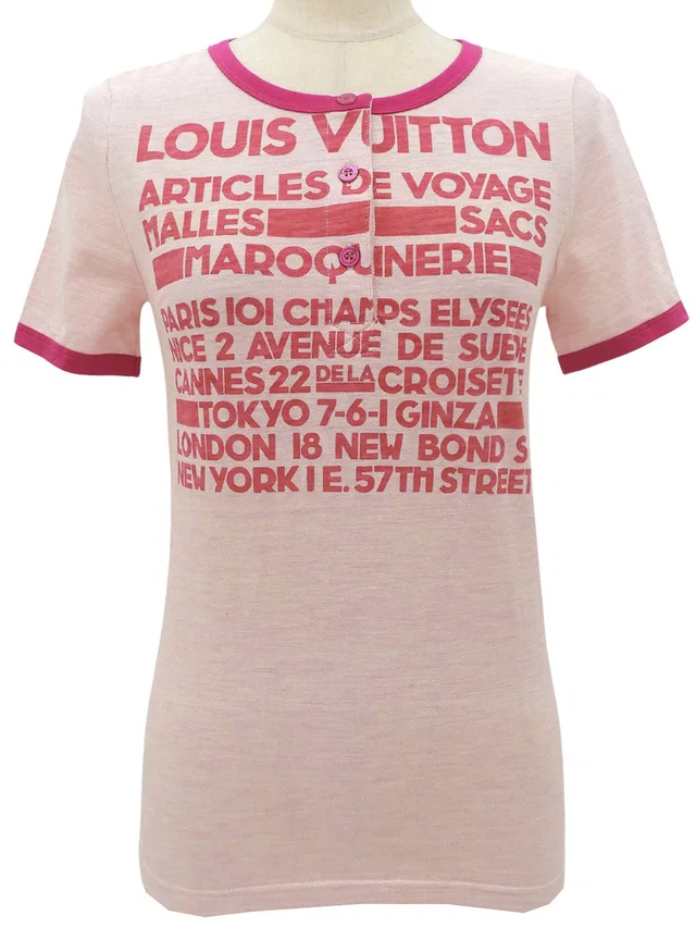 Louis Vuitton Logo Print Henley Neck T-shirt Pink #XS in Pink from VINTAGE QOO TOKYO