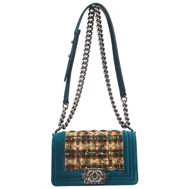 Chanel 2013-2014 Blue Tweed Velvet Small Boy in Blue Tweed from AMORE Vintage Tokyo