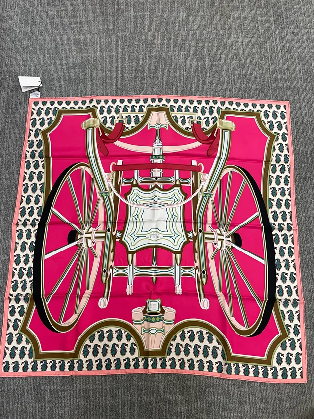 Hermès Silk 90-4 – Baroque Harness Motif in Fuchsia and Ivory in White Silk from Luxury Promise